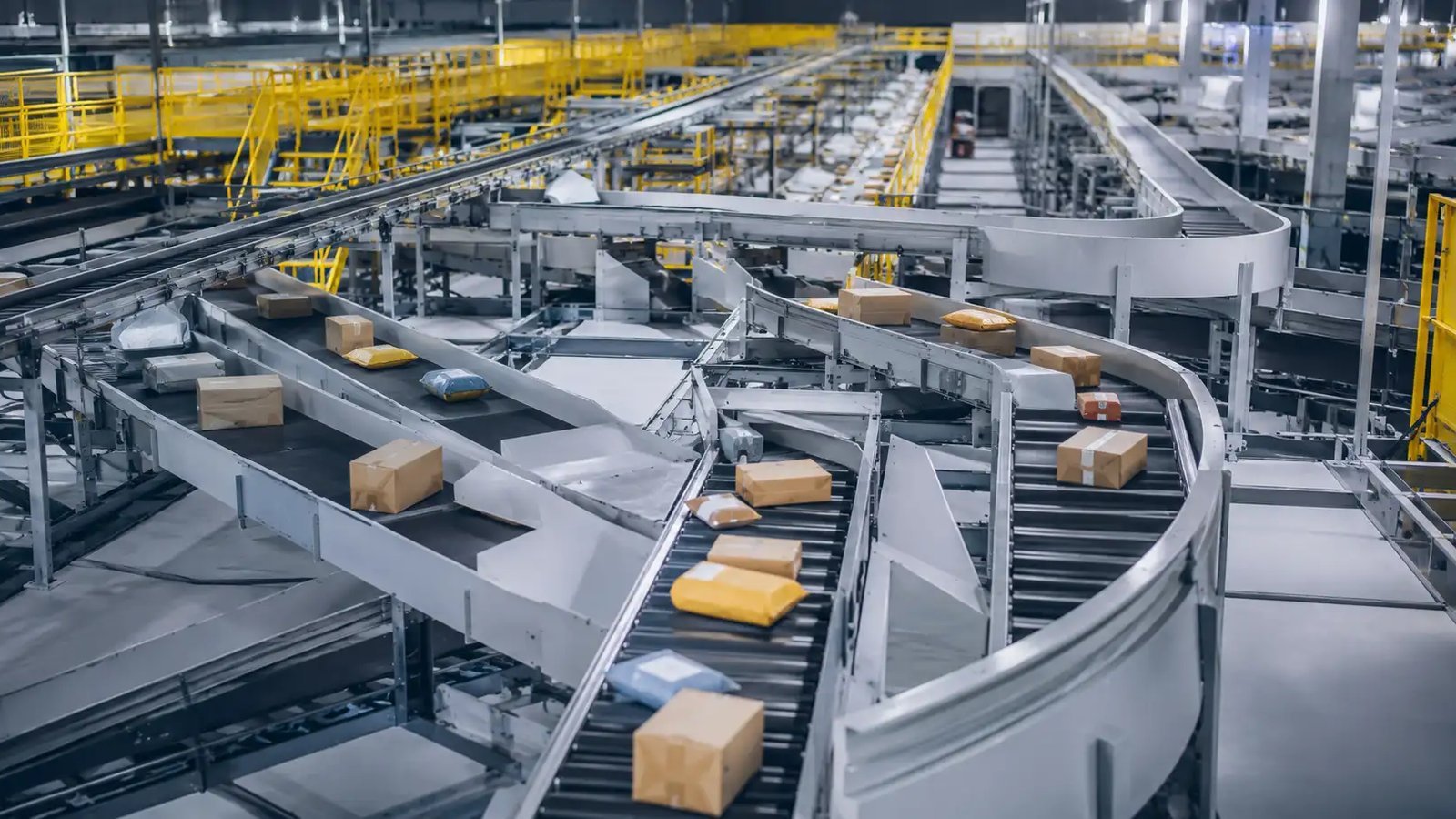 Belt conveyor transporting mixed parcels in sorting line